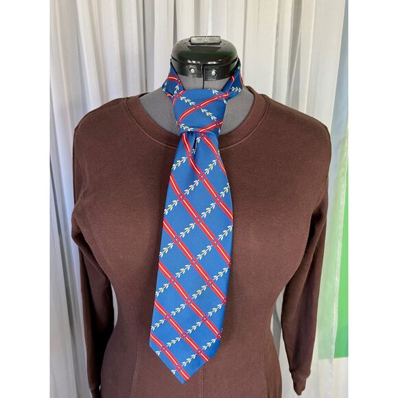 tie lattice striped floral 1970s blue red 100% polyester - Picture 1 of 8